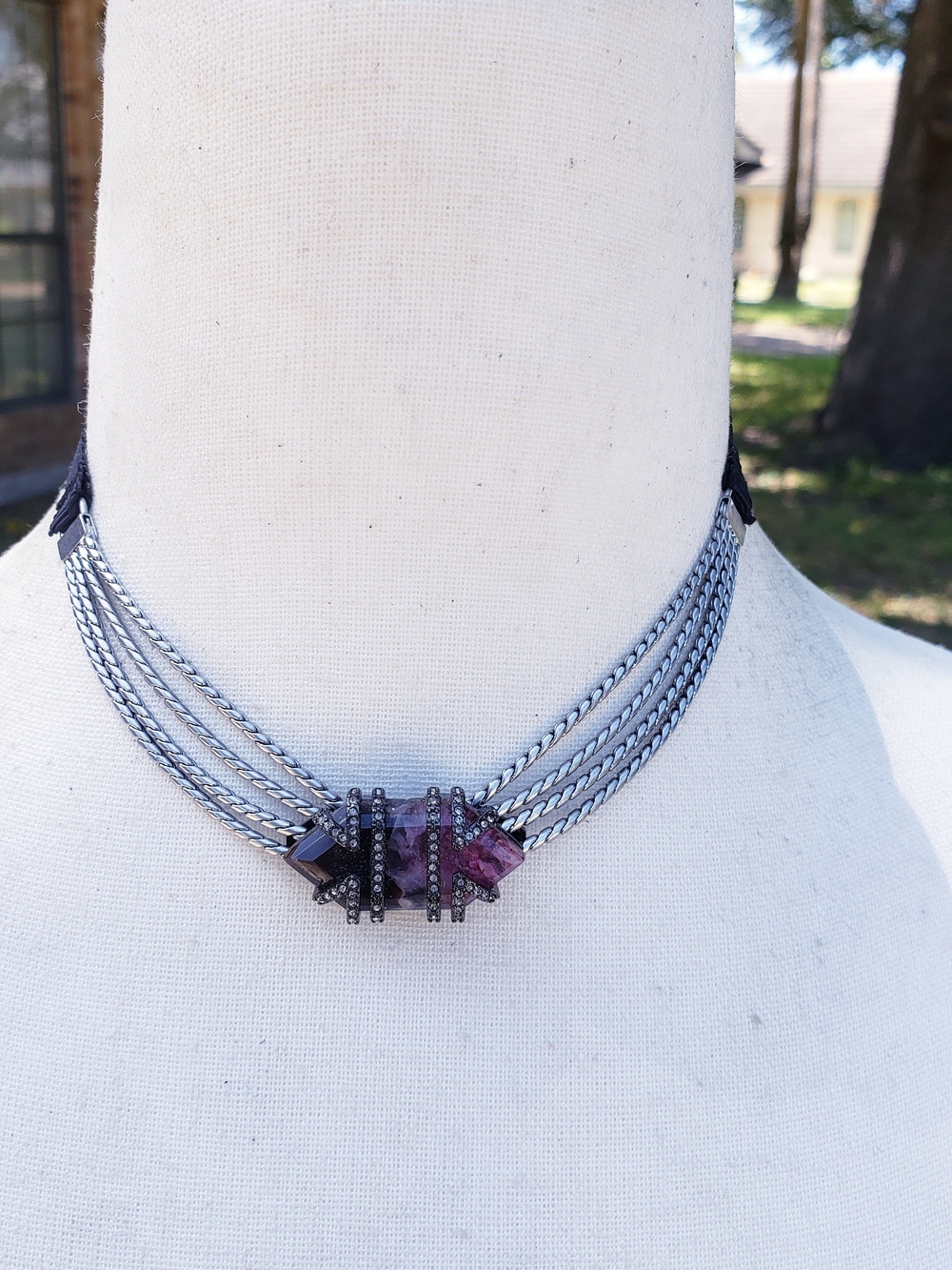 Purple Quartz Crystal Ribbon Tie Choker Necklace